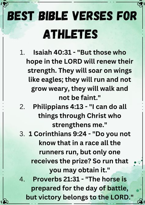 Bible Verses For Athletes Athlete Bible Study, Running Bible Verses Runners, Encouragement Quotes For Sports, Athletes Bible Verses, Athletic Bible Verses, Volleyball Bible Verses, Game Day Bible Verses, Bible Verses For Runners, Sport Bible Verses Motivation