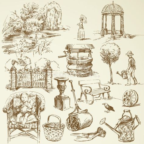 Gardening. Victorian garden - hand drawn set #Sponsored , #SPONSORED, #AD, #Victorian, #set, #drawn, #Gardening Free Printable World Map, Wine Vineyards, Victorian Garden, Garden Drawing, Art Journal Therapy, Vintage Drawing, Drawing Set, Vintage Labels, Book Inspiration