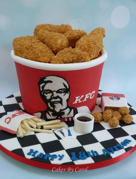 KFC Bucket - Cake by Carol Kfc Cake, Cakes That Look Like Food, Kfc Bucket, Sculpted Cake, Chicken Bucket, Chicken Cake, Realistic Cakes, Kfc Chicken, Kentucky Fried