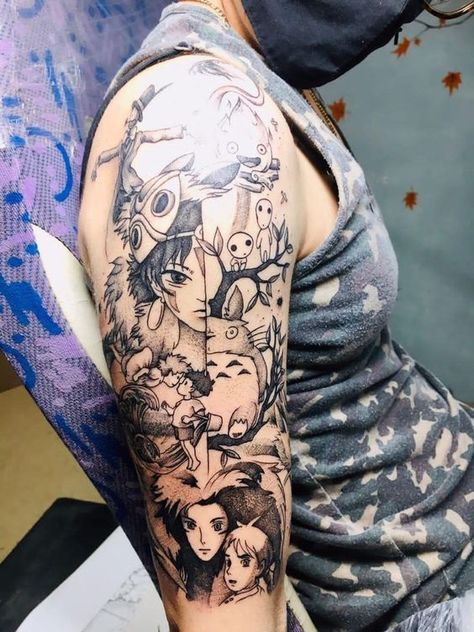 Studio Ghibli Leg Sleeve, Studio Ghibli Tattoo Thigh, Nerd Sleeve Tattoo, Studio Ghibli Sleeve Tattoo, Ghibli Tattoo Sleeve, Ghibli Mural, Studio Ghibli Tattoo Sleeve, Anime Sleeve Tattoo, Bomb Tattoo