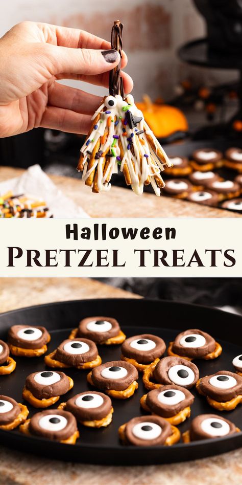 halloween pretzel treat pin. Qtip Halloween Treats, Witch Broomstick Food, Pretzel Bones Halloween, Pretzels Halloween Treats, Halloween Snacks With Pretzels, Halloween Mummy Pretzels, Easy Desserts For Halloween Party, Pretzel Treats Halloween, Pretzel Spiders Halloween