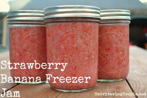 Strawberry Banana Freezer Jam Strawberry Banana Jam Recipe, Strawberry Banana Jam, Easy Freezer Jam Strawberries, Strawberry Banana Freezer Jam, Healthy Strawberry Freezer Jam, Freezer Jam Strawberry Low Sugar, Sure Jell Strawberry Freezer Jam Recipe, Freezer Jams, Banana Jam