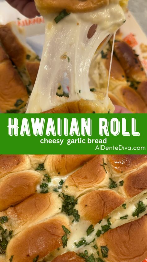 This Hawaiian roll cheesy garlic bread is so easy to make using King’s Hawaiian rolls that are stuffed with mozzarella cheese and baked in garlic butter Recipes Supper, Cheese Stuffed Hawaiian Roll Garlic Bread, Hawaiian Roll Cheesy Garlic Bread, Hawaiian Bread Recipes, Hawaiin Bread, Hawaiian Roll Recipes, Garlic Rolls, Holiday Bread, Garlic Cheese Bread