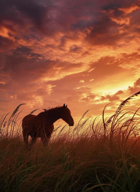 Orange Horse Aesthetic, Autumn Horse Wallpaper, Horses And Sunsets, Horse Riding Sunset, Horses In The Sunset, Amber Sky, Wild Horse Pictures, Fire Icons, Wild Horses Photography