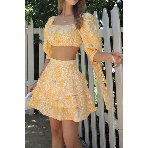 Chiffon Set Outfit, 2 Piece Outfit Set Skirts, 2 Piece Outfit Set Summer, Yellow Two Piece Outfit, Two Piece Skirt Set Summer, Cottagecore Summer Outfits, Grad Brunch, Two Piece Dress Summer, Matching Skirt And Top Set