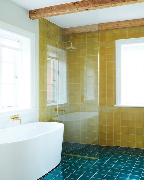 File under Pop on Instagram: “⚪️ Bathroom Wall:⁠⠀ 15x15 Clay glazed with Mean Mr. Mustard. ⁠⠀ Bathroom Floor:⁠⠀ 15x15 Clay glazed with Velvet Green. ⁠⠀ Customized…” Mustard Yellow Bathroom, Yellow Tile Bathroom Ideas, Yellow Tile Bathroom, Yellow Bathroom Tiles, Yellow Bathroom, Bathroom Tile Ideas, Yellow Tile, Colour Collection, Yellow Bathrooms