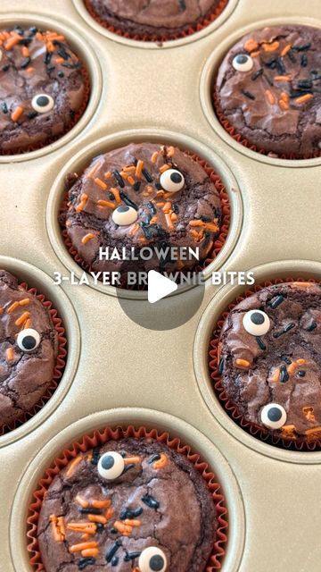 Kristin Miller | Creator | Dallas, TX on Instagram: "3-layer brownie bites🎃Comment “boo” to get everything + my sweater sent directly to your DMs! This is one of the best desserts ive ever had & husband approved! Bring these to a halloween party or even make them for family night at home. Everyone will be asking you to make these again! Save & share with a halloween-loving friend!
•
WHAT YOU NEED:
• pillsbury halloween sugar cookies
• oreos
• brownie batter
• sprinkles 
• muffin tin & liners
•
DIRECTIONS:
1. Place liners in muffin tin. Put one sugar cookie in each tin for the bottom layer. 
2. Next add an oreo on top of each sugar cookie. 
3. Mix brownie batter according to directions and pour on the very top of each one. 
4. Add sprinkles & candy eyeballs on top & bake in the oven at 350 Sugar Cookie Oreo Brownie, Pillsbury Halloween Cookie Brownies, Sugar Cookie Oreo Brownie Halloween, Halloween Brownie Cookies, Oreo Halloween Desserts, Brownies In Cupcake Liners, Brownie Halloween Treats, Halloween Dessert Brownies, Halloween Oreo Desserts