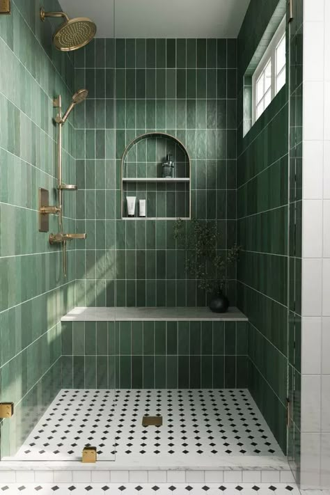 10 Bathroom Remodel Ideas That are So Very 2025 - Dark Green Tile, Green Bathrooms, Dark Green Bathrooms, Green Subway Tile, Floor Tiles Design, Green Tile Bathroom, Bathroom 2024, Pink Bathroom Decor, Small Bathroom With Shower