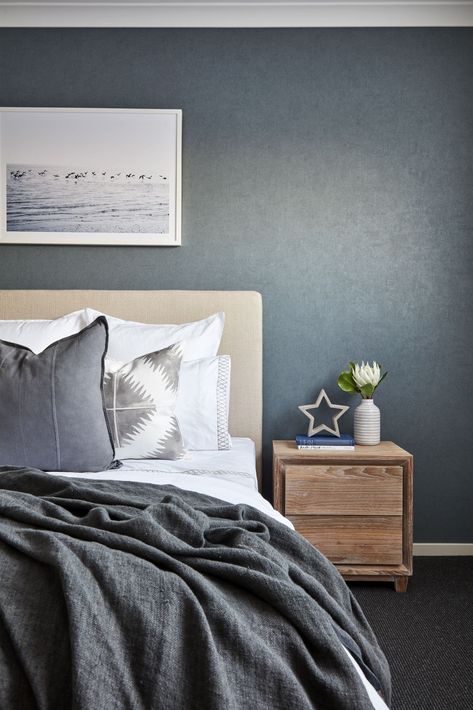 dark coastal bedroom with grey suede paint effect and coastal artwork with white frame Tufted Wall Panel, Bedroom Feature Wall Ideas, Dark Grey Carpet Bedroom, Grey Wallpaper Bedroom, Bedroom Feature Wall, Coastal Bungalow, Feature Wall Ideas, Grey Carpet Bedroom, Wallpaper Bedroom Feature Wall