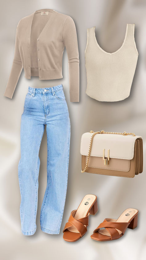 She wears an outfit that blends comfort and style, perfect for casual outings. It features a beige cropped cardigan paired with a cream ribbed tank top, offering a cozy yet chic look. Light blue high-waisted jeans provide a flattering fit, while a tan crossbody bag with a gold chain strap adds a practical touch. Completing the ensemble are tan heeled sandals, which add height and elegance. Ideal for women who love understated elegance and casual sophistication. Beige Top And Jeans Outfit, Light Jeans Outfit, Casual Heels Outfit, Tan Crossbody Bag, Jeans Heels Outfit, Blue High Waisted Jeans, Light Jeans, Tan Heels, Beige Top