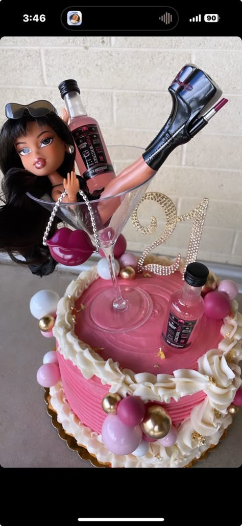 21 Birthday Cake Bratz, Bratz Doll 21st Birthday Cake, Bratz Birthday Cake Aesthetic, 21at Birthday Cake, Brats Birthday Cake, 21st Bday Food Ideas, 21st Birthday Club Theme, Y2k Bday Theme, Baddie Birthday Party Ideas