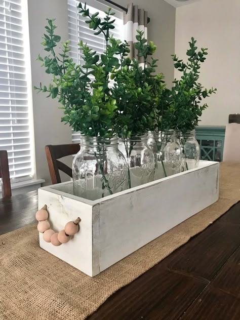 White and Wooden Ball Handles Centerpiece Box Rustic Wooden Box Centerpiece, Traditional Farmhouse Decor, Wood Caddy, Vstupná Hala, Wooden Box Centerpiece, Mason Jar Holder, Farmhouse Style Dining Room, Rustic Centerpiece, Rustic Wooden Box