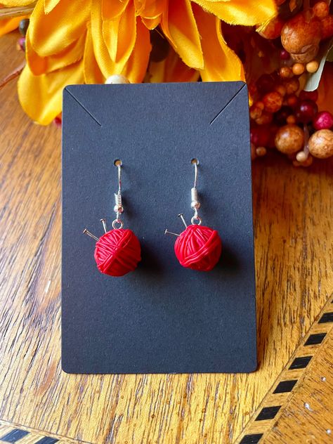 Funky Clay Jewelry, Polymer Clay Knitted Earrings, Yarn Ball Earrings, Yarn Jewelry, Weird Clay Earrings, Craft Earrings, Knitted Earrings, Yarn Earrings, Funky Polymer Clay Earrings