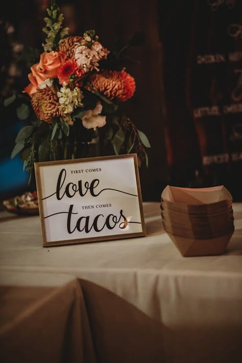 Wedding Taco Bar Ideas, Taco Bar Ideas, Taco Bar Sign, Taco Bar Wedding, Bar Wedding Reception, Taco Love, Rehearsal Dinner Decorations, Wedding Reception Food, Wedding Buffet