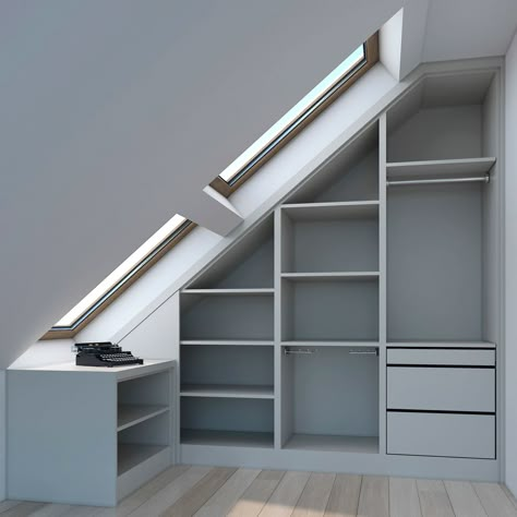 Office In Attic Space, Small Attic Walk In Closet, Attic Master Bedrooms Decor, Loft Closet Ideas Slanted Walls, Wardrobe Attic Slanted Ceiling, Attic Layout Plans, Sloped Ceiling Bedroom Wardrobes, Angled Roof Bedroom, Under Eaves Wardrobe