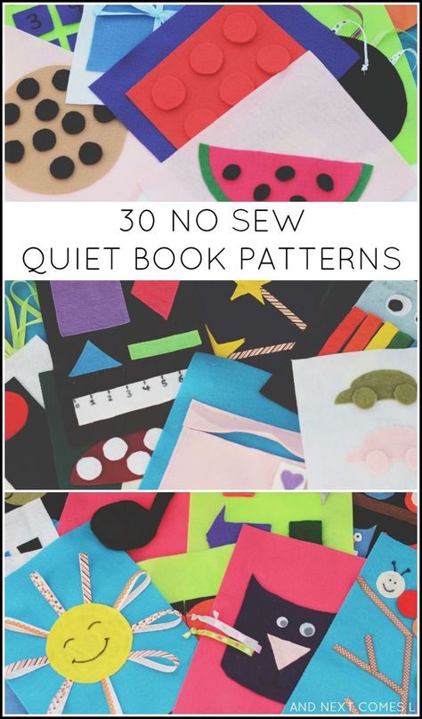 30 easy no sew quiet book patterns -- a new ebook from And Next Comes L No Sew Quiet Book, Sew Quiet Book, Diy Busy Books, Quiet Book Templates, Diy Quiet Books, Baby Quiet Book, Quiet Book Patterns, Quiet Activities, Sensory Book