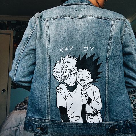 Anime Jean Jacket, Anime Jeans Painting, Anime Denim Jacket, Anime Jeans, Denim Jacket Diy Paint, Hunterxhunter Gon, Warm Jackets For Women, Painted Jean Jacket, Anime Jacket