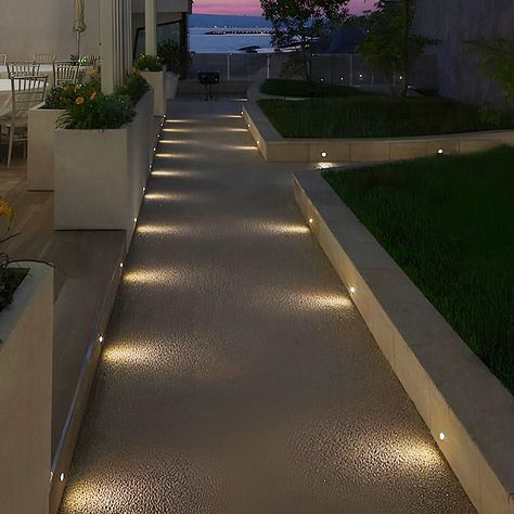 Step Lights Outdoor Stairs, Garden Stair Lighting, In Ground Lighting Outdoor, Pool Landscape Lighting, Sealing Light Ideas, Outdoor Stairs To House, Driveway Lighting Ideas, Modern Patio Lighting, Stair Lights Outdoor