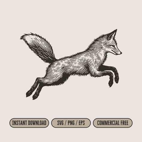 Jumping Fox Illustration, Fox Jumping Tattoo, Jumping Fox Tattoo, Tattoo Fox Design, Fox Woodcut, Fox Line Drawing, Antique Tattoo Ideas, Fox Tattoo Ideas, Fox Stamp