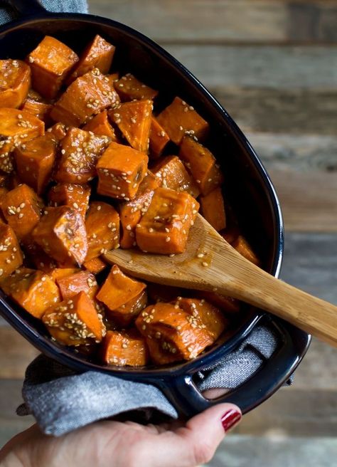 Miso Glazed Sweet Potatoes | The Vegan 8 Ancient Grains Bowl, Vegan Sweet Potato Recipes, Glazed Sweet Potatoes, True Food Kitchen, Miso Glaze, True Food, Vegan Sides, Vegan Sweet Potato, Ancient Grains