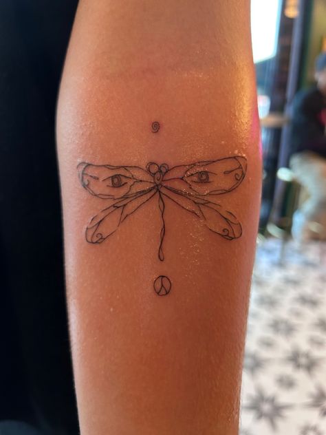 artist @dragonflyhippie 3 By 3 Tattoos, Dainty Feather Tattoo, Dragonfly Tattoo Forearm, Little Women Tattoo Ideas, Matching Dragonfly Tattoos, Ecuador Tattoo Ideas, Fine Line Tattoos Women, Dragonfly Neck Tattoo, Getting Tattooed Aesthetic