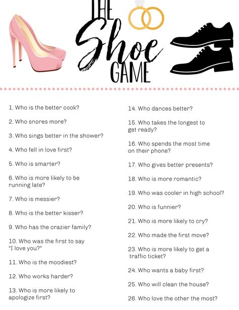 Wedding Shoe Game bridal shower inspiration bridalshowerinspiration This wedding shoe game is a fun way for the guests to learn more about the bride and the groom and will have everyone laughingJust print out these questions and have the bride and groom hold up the shoe of the person they think fits best with the question being askedIt's easy for youfun for them Anniversary Shoe Game, Wedding Shoe Game Questions, Shoe Game Questions, The Wedding Shoe Game, Wedding Shoe Game, Bridal Shower Questions, Wedding Rings Teardrop, Ceremony Songs, Game Questions