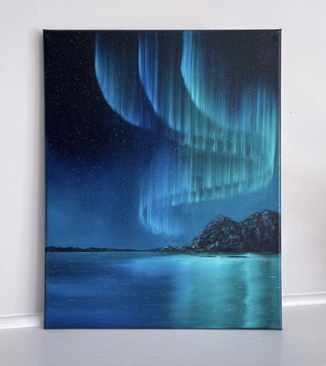 Painting Ideas Aurora Borealis, Acrylic Northern Lights Painting, Dark Acrylic Painting Ideas, Dark Acrylic Painting, Pink Acrylic Painting, Aurora Painting, Draw Canvas, Aurora Borealis Painting, Acrylic Painting Ideas On Canvas