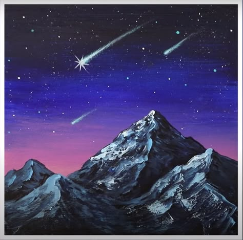 Starry Night Mountain Painting, Mountain Galaxy Painting, Sunset With Mountains Painting Easy, Night Mountains Painting, Acrylic Painting Ideas Landscape Mountains, Night Sky Mountains Painting, Mountain Sky Painting, Nature Art Painting Acrylic Easy, Night Sky Silhouette Painting