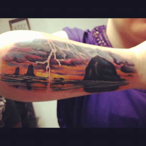 Cannon beach Oregon. My new tattoo (: Cannon Beach Tattoo, Oregon Coast Tattoo, Oregon Tattoo, Oregon Coast Vacation, Cannon Beach Oregon, Occult Tattoo, Oregon Beaches, Landscape Tattoo, Ocean Tattoos