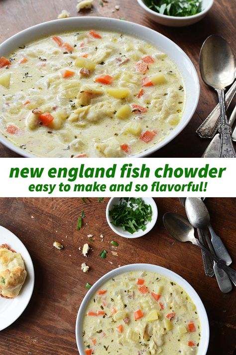 Fish Chowder Recipe New England, Fish Chowder Recipe, Chowder Recipes Seafood, Fish Chowder, Bisque Recipe, Seafood Chowder, Chowder Soup, Beef Bacon, Chowder Recipe