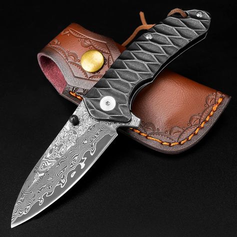 AUBEY Damascus Pocket Knife for Men, Forged VG10 Damascus Steel Folding Knife with Sheath, Rain-drop Blade, Stainless Steel Handle, EDC Knife for Camping, 60 HRC, Blade Length 2.95" Damascus Pocket Knife, Edc Knife, Damascus, Steel Handle, Folding Knives, Damascus Steel, Rain Drops, Pocket Knife, Stainless Steel