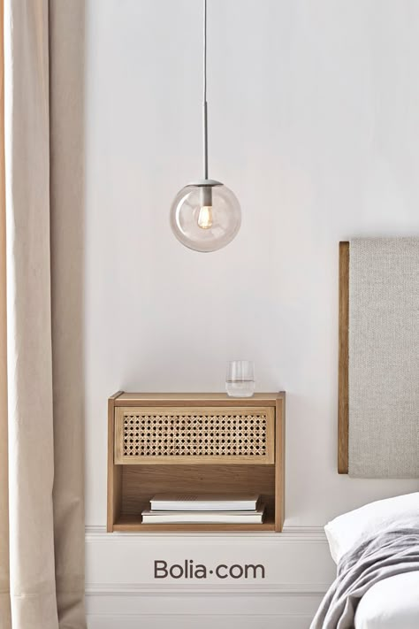 Bedside table in an iconic and light decor Floating Bedside Tables Bedroom, Wall Hanging Bedside Tables, Small Wicker Bedside Table, Floating Lights Bedroom, Floating Bedside Table Ideas Modern, Bed Side Table Floating, Floating Bedroom Side Tables, Wicker Bedside Table, Floating Side Table Night Stands