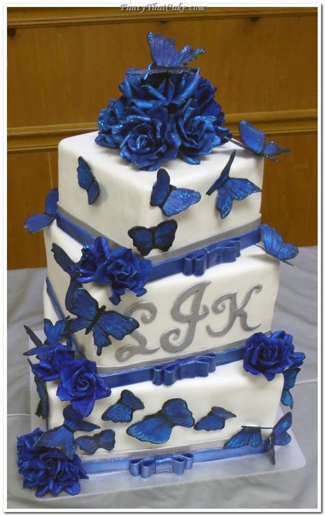 , Royal Blue And Black Wedding, Royal Blue Wedding Cakes, Blue Roses Wedding, Square Wedding Cake, Butterfly Wedding Cake, Roses Cake, Silver Wedding Cake, Cake Custom, Square Wedding Cakes