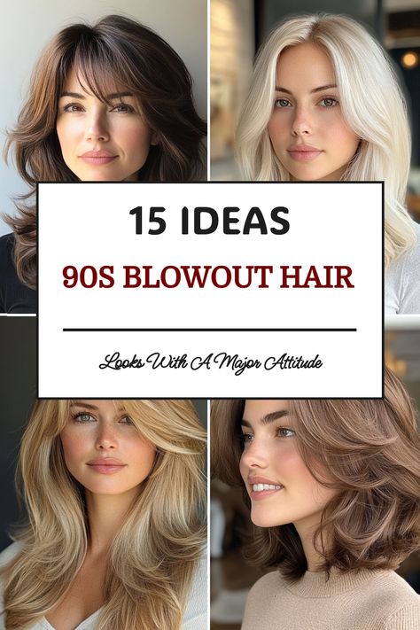 Soft 90s blowout with voluminous curls for a polished and chic style. Retro Blowout Hair, 90s Supermodels Hair, 90s Supermodel Style, 90s Voluminous Hair Short, Best Blowout Products, Short Bouncy Blowout, Voluminous Blowout Short Hair, Voluminous Blowout Big Curls, Blow Outfit Hair Medium