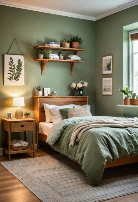 Bedroom Decor Simple Ideas, Room Ideas Bedroom Simple, Small Bedroom Ideas Sage Green, Boho Bedroom Decorations, Green And Tan Bedroom Ideas, Astethic Bedroom Ideas, Small Green Bedroom Ideas, Blue Green Room Aesthetic, White Orange Bedroom