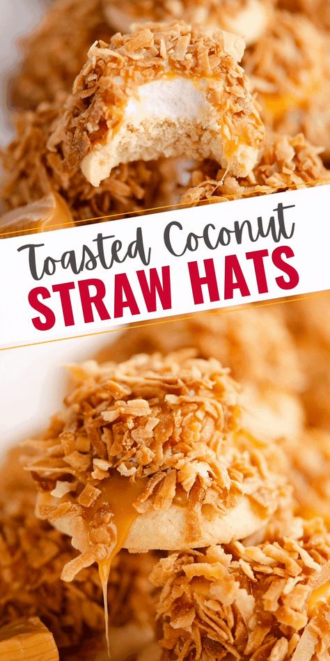 Toasted Coconut Straw Hat Cookies are a unique Christmas cookie made with an easy sugar cookie and marshmallow coated in a creamy caramel, all finished with toasted coconut. #ChristmasCookie #CoconutCookie #UniqueCookie Christmas Dessert Platter, Marshmallow Caramel, Unique Christmas Cookies, Coconut Cookies Recipes, Best Holiday Cookies, Cookie Recipes Unique, Fall Hat, Hat Cookies, Buzzfeed Tasty