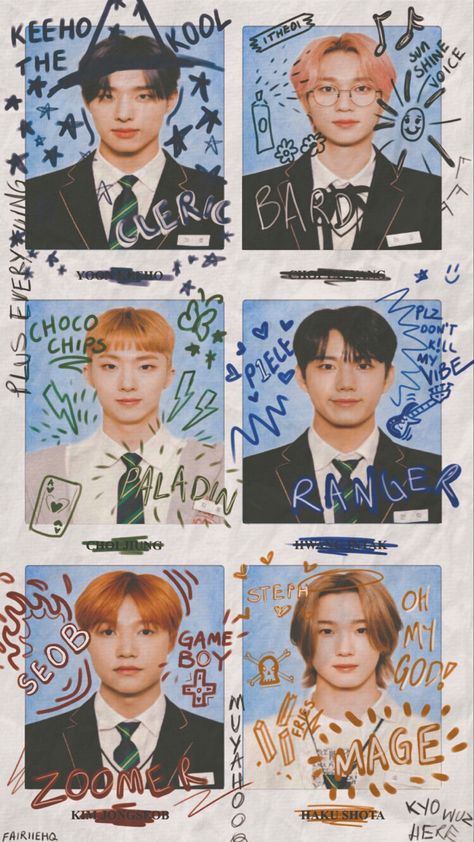 Yearbook Doodles Kpop, Doodle Yearbook, Yearbook Doodles, Yearbook Aesthetic, Jongseob Soul, Keeho Theo Jiung, Keeho Theo, Newspaper Letters, Yearbook Pages