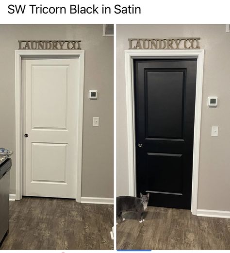 Beige Walls With Black Doors, Matte Black Doors Interior, Black Accent Doors Interior, Black Kitchen Doors, Tan Walls Black Doors, Black Doors Inside House, Hallway And Door Paint Colors, Black Doors With Grey Walls, Matte Black Interior Doors