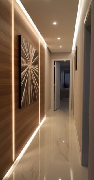 Modern Corridor Design Home, Coridorio Design Home, Plain Pop Ceiling Design, Corridor Lighting Home, House Corridor Design, Cielorrasos Ideas, Pop Designs For Hall, Corridor Ceiling Design, Corridors Design Home