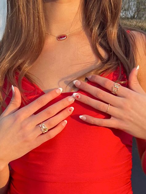 Red Nail Homecoming, Nails For Hoco Red Dress, Prom Nails Acrylic Red Dress, Prom Red Dress Nails, Nail Designs To Go With Red Dress, Acrylic Nails To Go With Red Dress, Prom Nails To Match Red Dress, Prom Simple Nails, Nails That Go With Red Dresses