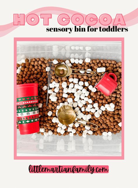 Super simple Hot Cocoa Sensory bin for toddlers featuring cocoa puffs, marshmallows and some small coffee-themed tools. Perfect for the cozy winter months! Hot Coco Sensory, Hot Cocoa Sensory Bin, Sensory Bin For Toddlers, Cocoa Puffs, Sensory Exploration, Measuring Cups & Spoons, Hot Coco, Sensory Bin, Reusable Cup