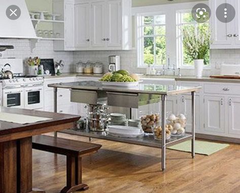 Small Commercial Kitchen, Retro Apartment Decor, Kitchen Island Designs, Stainless Steel Prep Table, Kitchen Prep Table, Kitchen With An Island, Stainless Steel Kitchen Island, Basement Kitchenette, Freestanding Kitchen Island