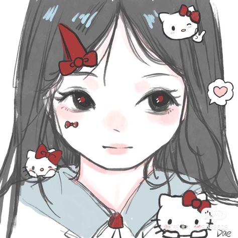 Hello Kitty Girl Drawing, Hello Kitty Poses, Hello Kitty Human, Hello Kitty Y2k, Person Drawing, Hello Kitty Aesthetic, Anime Maid, Hello Kitty Art, Digital Art Anime