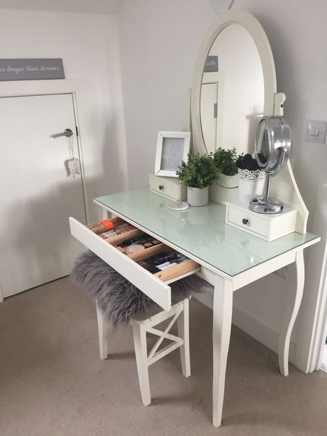 Dressing Table Ideas For Small Room, How To Arrange Dressing Table, Dressing Table Revamp, Dressing Table For Small Space, Dressing Table Inspo, Ikea Lack Wall Shelf, Ikea Dressing, Ikea Dressing Table, Malm Dressing Table