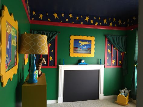 Great Green Room playroom based off of Goodnight Moon. Almost finished! The fireplace is a chalkboard. Moon Room, Goodnight Moon, Moon Nursery, Green Room, Good Night Moon, Mama Mia, The Fireplace, Green Rooms, Good Night