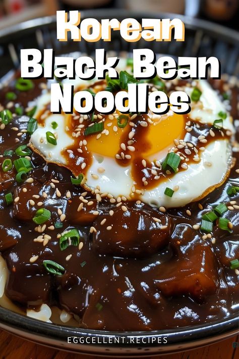 For a delightful twist on a classic Korean dish, why not try Korean Black Bean Noodles (Jjajangmyeon) topped with a perfectly fried egg? #korean black bean noodles recipes #korean black bean noodles (jajangmyeon) #korean black bean noodles vegetarian #korean black bean noodles ramen #korean black bean paste noodles #black bean noodles korean eating #black bean noodles korean package #korean food black bean noodles #korean black bean noodles pork belly Black Bean Noodles Korean, Korean Black Bean Paste, Black Bean Paste, Egg Recipes For Dinner, Black Bean Noodles, Bean Noodles, Egg Lunch, Eggs Dinner, Easy Egg Recipes