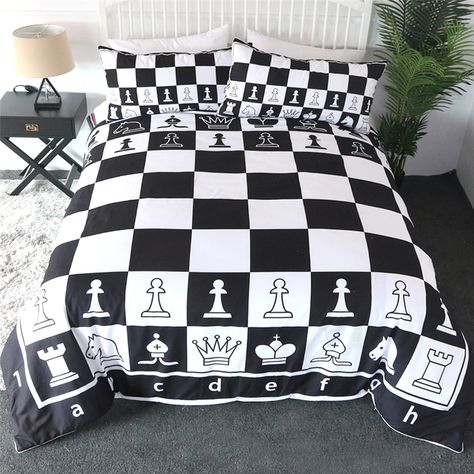 Chess Board Bedding Set is available now~ Black and white chess board with chess pieces. Interesting design for chess enthusiasts. Packing List: 1* Duvet Cover + 2* Pillow Cases Fabric: Microfiber Season: Spring, Summer, Autumn, Winter Teen Boys Bed, Black And White Chess Board, Bedding Set Black, White Bedspreads, Quilt Comforter, White Duvet Covers, White Duvet, Soft Comforter