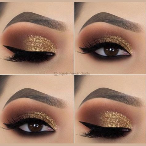 Golden Smokey Eye Makeup, Golden Smokey Eye, Smokey Eye Makeup Ideas, Prom Eyes, Makeup Korea, Make Up Designs, Gold Eye Makeup, Prom Eye Makeup, Make Up Tutorials