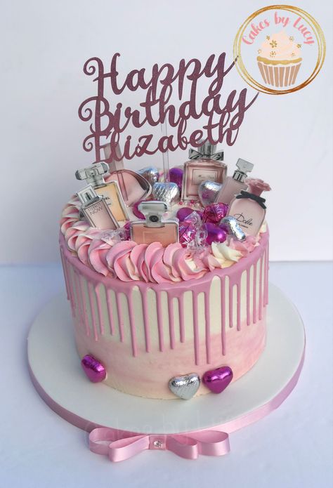 Pink drip cake with perfume bottles Perfume Cake Ideas, Perfume Bottle Cake, Perfume Cake, Pink Drip Cake, Bottle Cake, Buttercream Cakes, Cakes For Women, Cake Decorating Designs, Themed Birthday Cakes