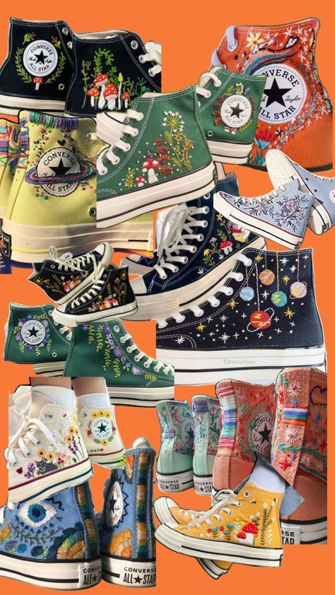 Lots and lots of shoes again Lots Of Shoes, Embroidery Converse, Converse Embroidery, Cute Converse Shoes, Converse Aesthetic, Cute Converse, Embroidered Converse, Embroidered Shoes, Star Embroidery